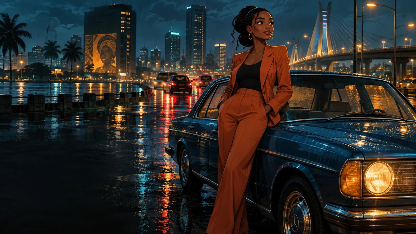 A cinematic Lagos night frame created from character, location, and car references